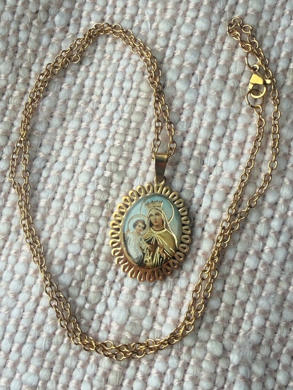 Gold Color Stainless Steel Virgin Mary and Child Necklace Religious Jewelry